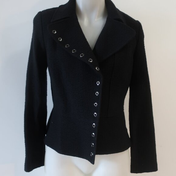 St. John Black Label Black Wool Blend Flounce Hem Grommet Boucle Blazer Jacket 4 - Picture 6 of 14